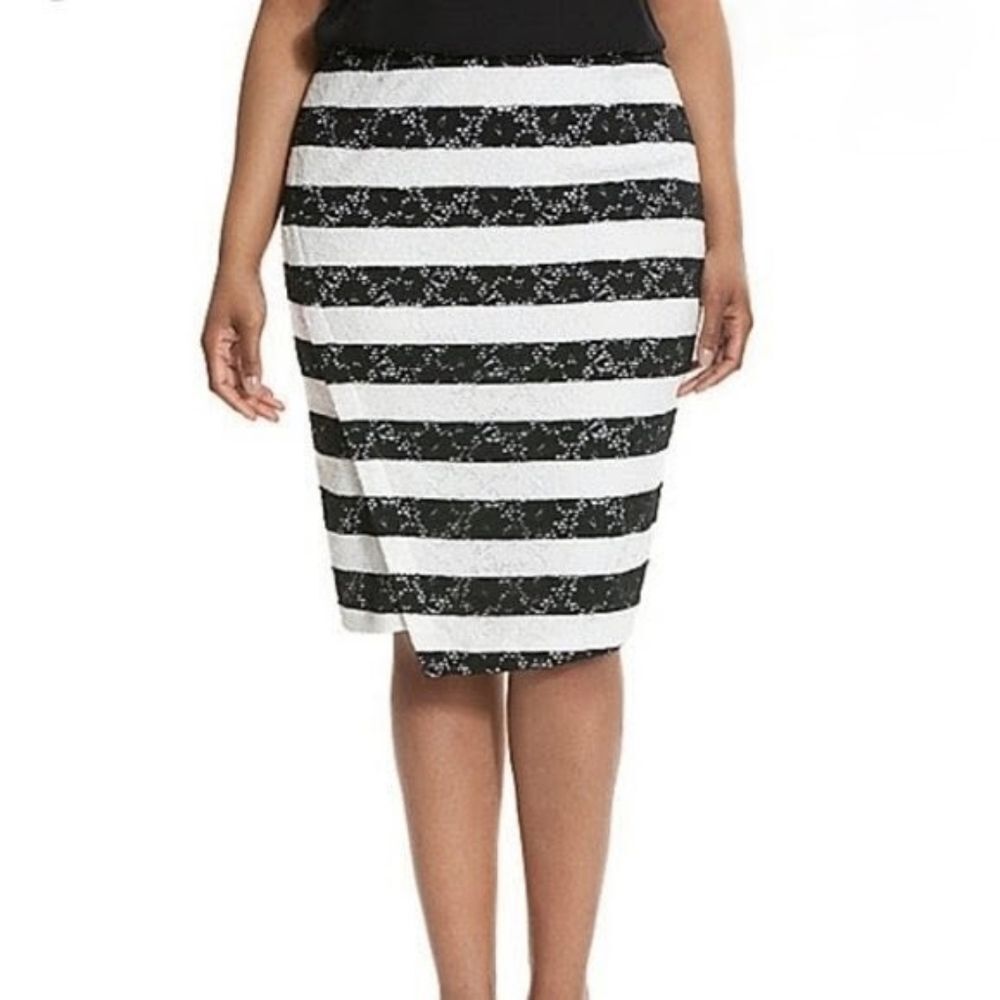 Lane Bryant Asymmetric Hem Black & Ivory White Eyelet Striped Skirt - Size 20
